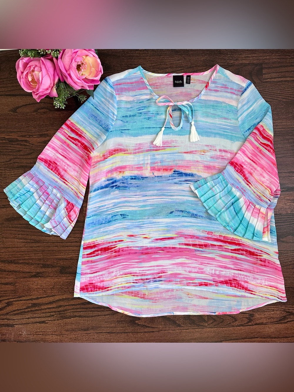 Rafaella watercolor chiffon top with pleated 3/4 sleeves and tie neck, size L